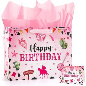 INCOK Pink Cowgirl Birthday Gift Bag - Large Western Happy Birthday Wrapping Paper Bags Decorations with Handles Greeting Card Tissue Paper for Party Favors Decor Girls Women Supplies