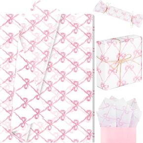 Ywdbzjhs 60 Sheets Pink Bow Tissue Paper, 20 x 14 Inch Pink Ribbon Wrapping Tissue Paper for Birthday Wedding Gift Wrapping Holiday Bouquet