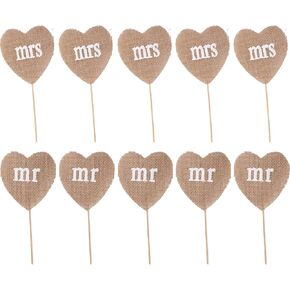 10Pcs Mr Mrs Rustic Burlap Wedding Cupcake Decoration Topper Heart Shape Flag for Photo Props Wedding Supplies