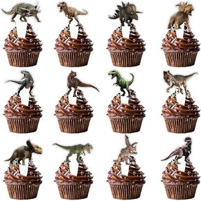 24pcs Dinosaur Dessert Cupcake Topper for Ancient Times Animal Theme Decor Supplies Women Men Happy Birthday Weeding Bachelor Party Decoration