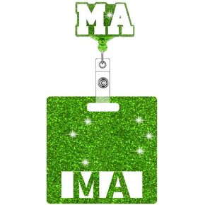 Medical Assistant MA Glitter Badge Reel with Badge Buddy Retractable Green Badge Holder with Belt Clip ID Badge for Nurse Heavy Duty Spill Proof & Tear Resistant Steel Wire Cord