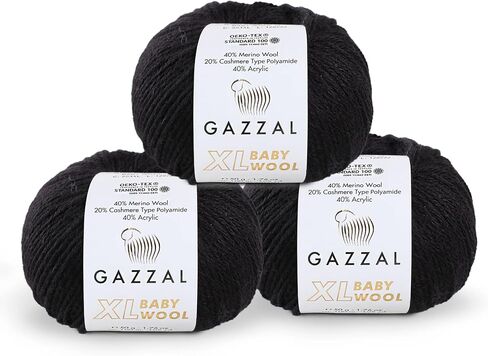 3 حزمة (كرة) Gazzal Baby Wool XL المجموع 5.28 أوقية / 328 سنة ، كل كرة 1.76 أوقية (50g) / 109 سنة (100 متر) غزل فائق ، متوسطة الحمل ، 40 ٪ لانا ميرينو 20 ٪ من نوع الكشمير من نوع البولياميد ، الأسود -803 in Saudi Arabia