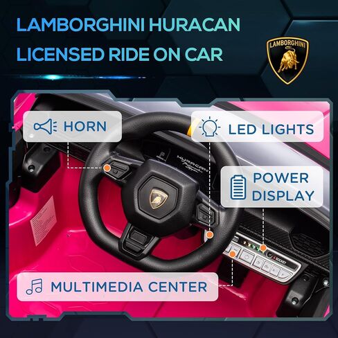 Qaba Lamborghini Huracan Licensed 12V Electric Car for Kids, Battery Powered Ride on Car with Parent Remote Control, Spring Suspension, Transport Wheel, Soft Start, LED Lights, Music, Pink in Saudi Arabia