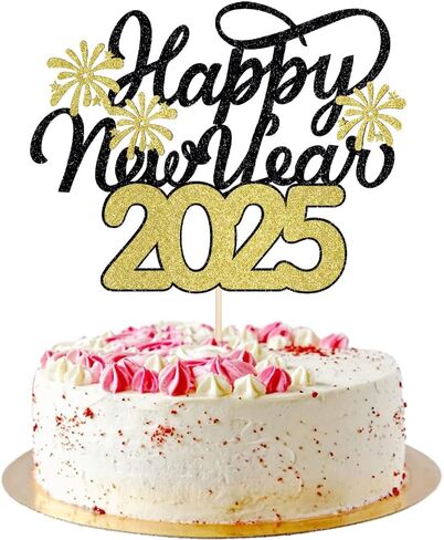 سنة جديدة سعيدة لكعكة Topper-Glittering 2025 New Year's Eve Party ، Hello 2025 ، Cheers 2025 مرحبًا بك في 2025 Party Decorations (Black and Gold) in Kuwait