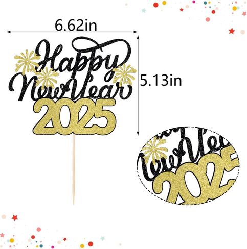 سنة جديدة سعيدة لكعكة Topper-Glittering 2025 New Year's Eve Party ، Hello 2025 ، Cheers 2025 مرحبًا بك في 2025 Party Decorations (Black and Gold) in Kuwait