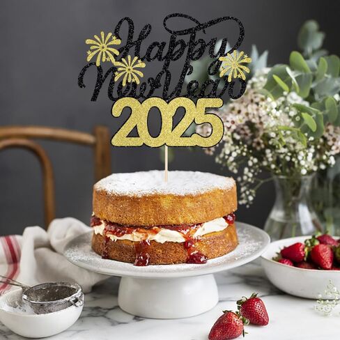 سنة جديدة سعيدة لكعكة Topper-Glittering 2025 New Year's Eve Party ، Hello 2025 ، Cheers 2025 مرحبًا بك في 2025 Party Decorations (Black and Gold) in Kuwait