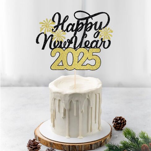 سنة جديدة سعيدة لكعكة Topper-Glittering 2025 New Year's Eve Party ، Hello 2025 ، Cheers 2025 مرحبًا بك في 2025 Party Decorations (Black and Gold) in Kuwait