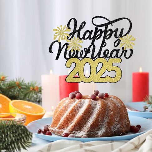 سنة جديدة سعيدة لكعكة Topper-Glittering 2025 New Year's Eve Party ، Hello 2025 ، Cheers 2025 مرحبًا بك في 2025 Party Decorations (Black and Gold) in Kuwait