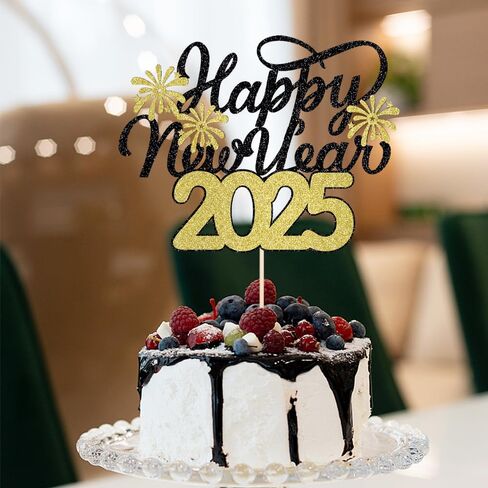 سنة جديدة سعيدة لكعكة Topper-Glittering 2025 New Year's Eve Party ، Hello 2025 ، Cheers 2025 مرحبًا بك في 2025 Party Decorations (Black and Gold) in Kuwait