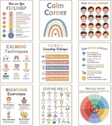 9 Calming Corner Posters, Feelings Chart for Kids, Calm Down Corner Mental Health Posters, Preschool Classroom Educational Poster Emotions Chart Coping Skills, Wall Art Decoration Mood Calming Sticker in Kuwait