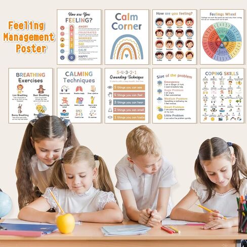 9 Calming Corner Posters, Feelings Chart for Kids, Calm Down Corner Mental Health Posters, Preschool Classroom Educational Poster Emotions Chart Coping Skills, Wall Art Decoration Mood Calming Sticker in Kuwait
