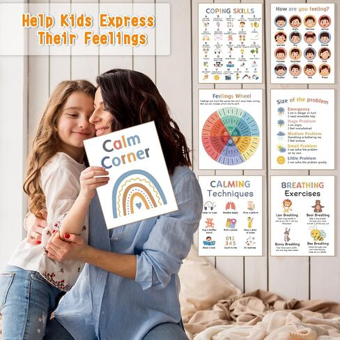 9 Calming Corner Posters, Feelings Chart for Kids, Calm Down Corner Mental Health Posters, Preschool Classroom Educational Poster Emotions Chart Coping Skills, Wall Art Decoration Mood Calming Sticker in Kuwait