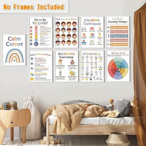 9 Calming Corner Posters, Feelings Chart for Kids, Calm Down Corner Mental Health Posters, Preschool Classroom Educational Poster Emotions Chart Coping Skills, Wall Art Decoration Mood Calming Sticker in Kuwait