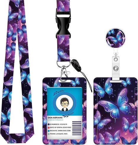 ID Badge Holder with Retractable Lanyard and Keychain, Badge Reel with Clip,Beige Flower Card Name Tag Lanyard ID Protector Bage Clips for Student, Women, Office (Luxury Blue Purple Butterfly) in Kuwait