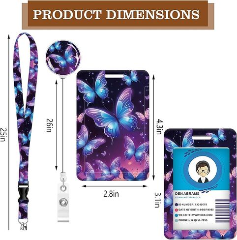 ID Badge Holder with Retractable Lanyard and Keychain, Badge Reel with Clip,Beige Flower Card Name Tag Lanyard ID Protector Bage Clips for Student, Women, Office (Luxury Blue Purple Butterfly) in Kuwait