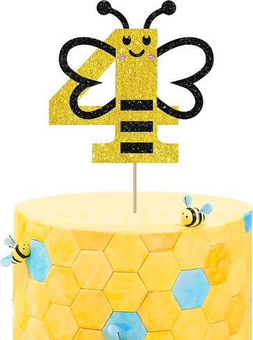 Bumble Bee الرابع من كعكة عيد الميلاد Topper ، Bee Four Cake Topper ، Black & Gold Glitter Honey Bee Bee 4 سنوات in Kuwait