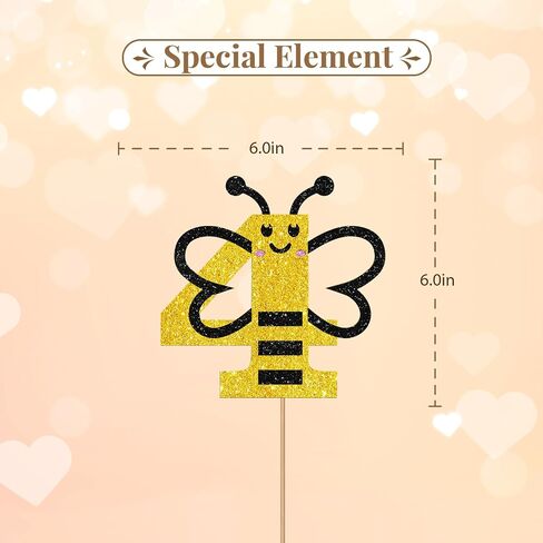 Bumble Bee الرابع من كعكة عيد الميلاد Topper ، Bee Four Cake Topper ، Black & Gold Glitter Honey Bee Bee 4 سنوات in Kuwait