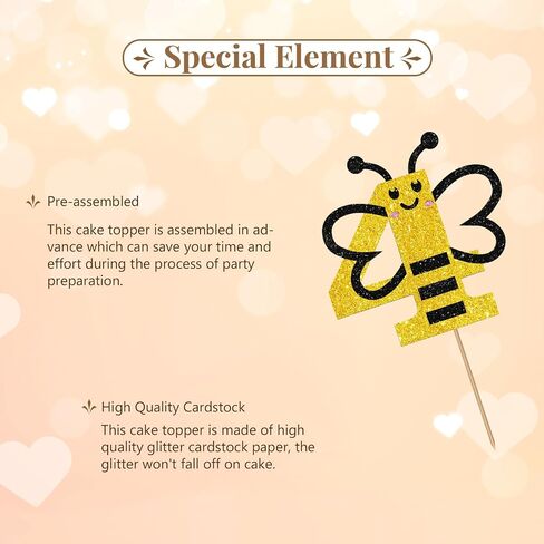 Bumble Bee الرابع من كعكة عيد الميلاد Topper ، Bee Four Cake Topper ، Black & Gold Glitter Honey Bee Bee 4 سنوات in Kuwait