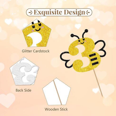 Bumble Bee الرابع من كعكة عيد الميلاد Topper ، Bee Four Cake Topper ، Black & Gold Glitter Honey Bee Bee 4 سنوات in Kuwait