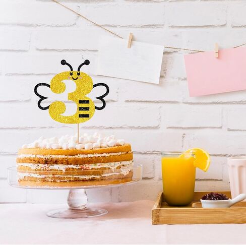 Bumble Bee الرابع من كعكة عيد الميلاد Topper ، Bee Four Cake Topper ، Black & Gold Glitter Honey Bee Bee 4 سنوات in Kuwait