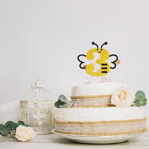 Bumble Bee الرابع من كعكة عيد الميلاد Topper ، Bee Four Cake Topper ، Black & Gold Glitter Honey Bee Bee 4 سنوات in Kuwait