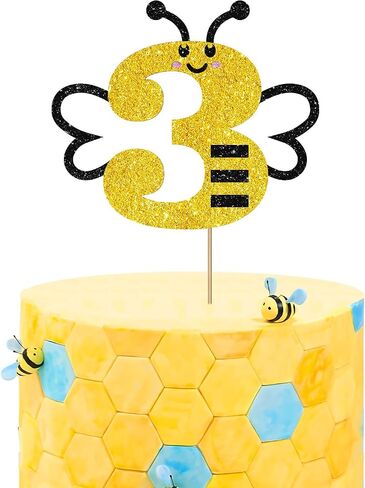 Bumble Bee الرابع من كعكة عيد الميلاد Topper ، Bee Four Cake Topper ، Black & Gold Glitter Honey Bee Bee 4 سنوات in Kuwait