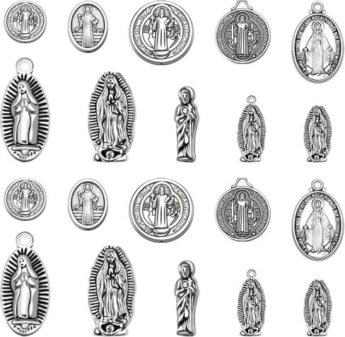 100Pcs Mix Metal Jesus Mary Saint Benedict Medallion Religious Spacer Beads Charm Pendant Oval Our Lady Loose Beads for Diy Catholic Jewelry Rosary Necklace Bracelet Making in Saudi Arabia