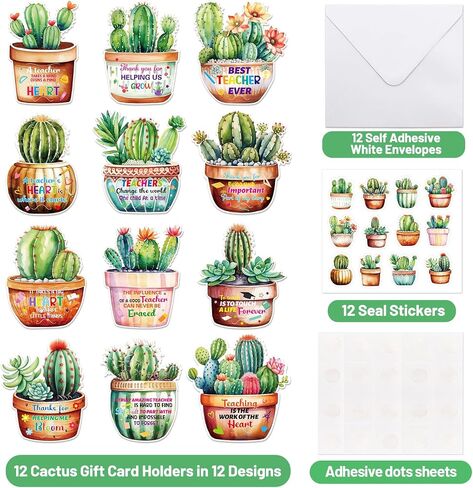 12pcs تقدير المعلم حاملي بطاقة هدايا Cactus Cards الأكمام لنهاية نهاية العام لوازم حفلات التخرج in Saudi Arabia
