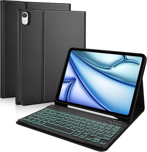 MMK for iPad Air 11 inch (M2) 2024 & iPad Air 5th 4th Generation Case with Keyboard 10.9 Inch, for iPad Case with 7 Colors Backlit Bluetooth Keyboard,Keyboard Cover with Pencil Holder, Light Blue in Kuwait
