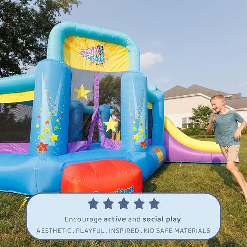Bounceland Pop Star نفخ ترتد منزل الحارس، منطقة كذاب كبيرة مع شريحة طويلة، جدار التسلق، طوق كرة السلة، وشملت UL 1HP منفاخ، 15 قدم × 13 قدم × 8.3 قدم ارتفاع، موضوع حفلة البوب ​​ستار للأطفال in Kuwait