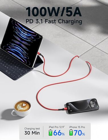 JSAUX 100W USB C to USB C Cable [6.6FT 2-Pack], iPhone 16 USB-C Fast Charging Cord Compatible with iPhone 16 Pro/16 Plus/16 Pro Max, iPhone 15 Series, Galaxy S24 S23 S22, Pixel, CarPlay, iPad, MacBook in Kuwait