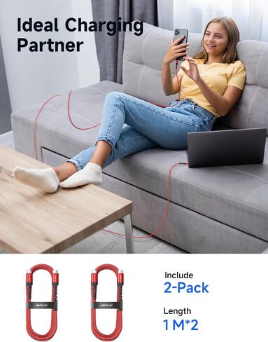 JSAUX 100W USB C to USB C Cable [6.6FT 2-Pack], iPhone 16 USB-C Fast Charging Cord Compatible with iPhone 16 Pro/16 Plus/16 Pro Max, iPhone 15 Series, Galaxy S24 S23 S22, Pixel, CarPlay, iPad, MacBook in Kuwait