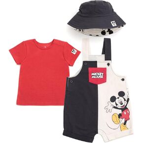 Disney Mickey Mouse Baby French Terry Short Overalls T-Shirt and Hat 3 Piece Outfit Set Newborn to Infant