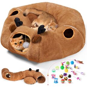 Cat Tunnel Bed with Soft Central Cat Couch and 20 Cat Toys, Big Tube Pet Tunnels with Hanging Balls, Cat Donut Tunnel and Variety Kitty Toy Set for Chewing Playing Indoor