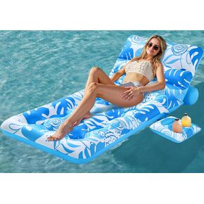 Sloosh Inflatable Pool Float Adult - Tropical Leaves Pool Floaties Lounger with Adjustable Backrest Cup Holders, Sun Tanning Float Rafts Floating Chair Pool Beach Lake Lounge Above Water Keep Cool