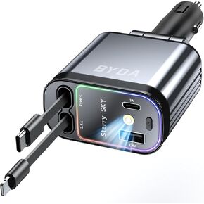 4 in 1 Retractable Car Charger 4 in 1,Fast Charging USB-C 69W Adapter for iPhone 16/15/14/13/12, Android, 180° Adjustable Plug, Multi-Device Support,Compact Space Saving, for Drivers