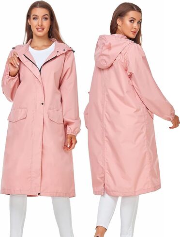 SaphiRose Women's Long Rain Jacket Waterproof Lightweight Hooded Raincoat Packable Knee Length Rain coat in Kuwait