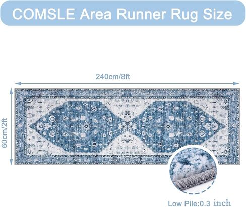 سجادة COMSLE Boho Runner، 2 × 6 سجاد قابل للغسل للممر من الصوف الصناعي سجادة رمي صغيرة سجادة منطقة المطبخ المتعثرة سجادة غرفة الغسيل غير قابلة للانزلاق سجادة سجادة للمدخل وغرفة النوم الداخلية (أزرق فاتح) in Saudi Arabia