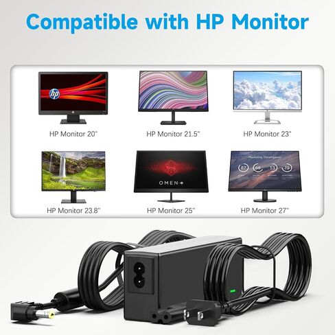 شاشة محول تيار متردد 19 فولت لـ HP Pavilion 22cwa 25vx 22bw 23bw 23cw 24ea 24es 25bw 25es 25xw 27bw 27xi 27er، شاشة HP 20 21.5 23 23.8 25 27 بوصة سلك إمداد الطاقة IPS LED بإضاءة خلفية كاملة الوضوح in Kuwait