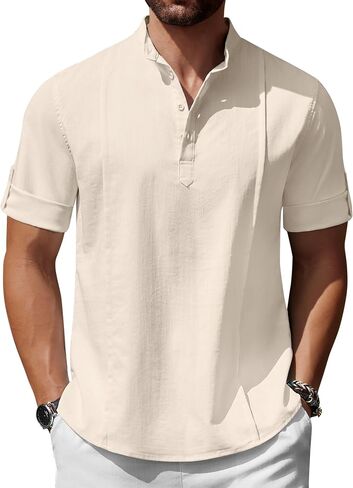 COOFANDY Men's Linen Henley Shirts Short Sleeve Casual Banded Collar Shirt Summer Beach Hippie T Shirts in Saudi Arabia