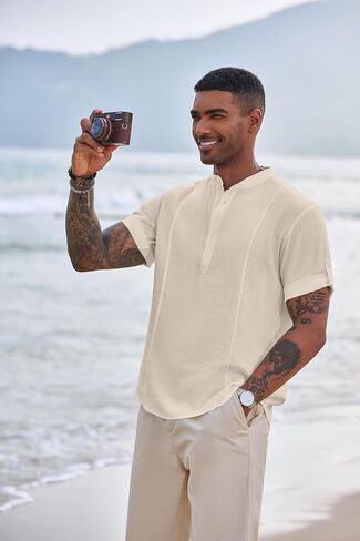 COOFANDY Men's Linen Henley Shirts Short Sleeve Casual Banded Collar Shirt Summer Beach Hippie T Shirts in Saudi Arabia