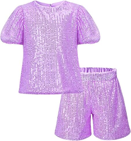 WELAKEN Girls 2 Piece Sequin Summer Outfits Kid Toddler Puff Sleeves Top and Shorts Set with Pockets in Saudi Arabia