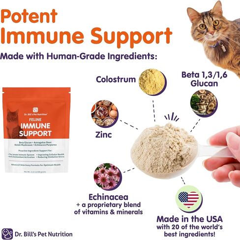 Dr. Bill’s Feline Immune Support Cat Vitamins and Supplements | Cat Immune Support | Colostrum Vitamins for Cats | Includes Beta Glucan, Lactoferrin, Colostrum, Zinc, Coenzyme Q-10, Bifidobacterium in Kuwait
