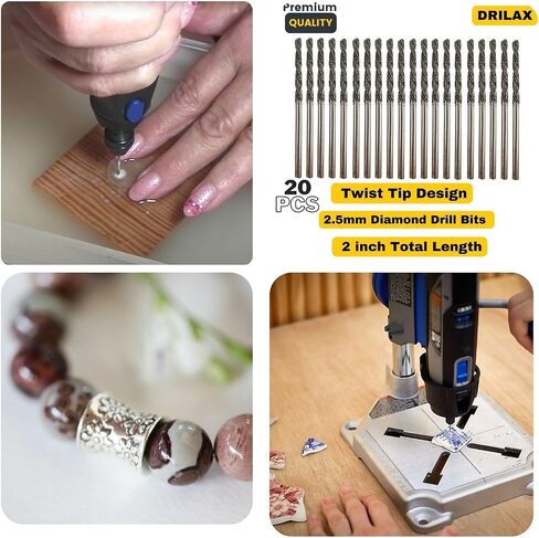 Diamond Drill Bit Set 2mm 20 Pieces Compatible with Dremel Collet Included Twist Tip Jewelry Beach Sea Glass Shells Gemstones Lapidary Ornament Bracelet Necklace Arts Crafts 5/64 inch in Saudi Arabia