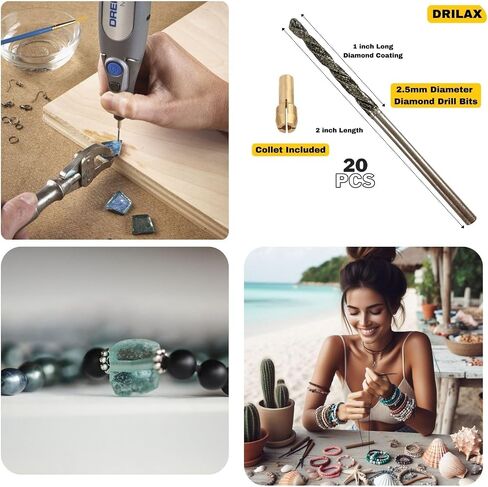 Diamond Drill Bit Set 2mm 20 Pieces Compatible with Dremel Collet Included Twist Tip Jewelry Beach Sea Glass Shells Gemstones Lapidary Ornament Bracelet Necklace Arts Crafts 5/64 inch in Saudi Arabia