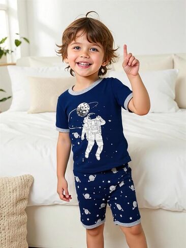 Popshion Little Boys 2 Piece Short Pajamas Train Shark Sleepwear 100% Cotton Toddler Dinosaur Pjs Summer Kids Clothes 2-7T in Saudi Arabia