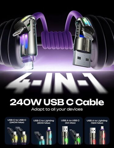 LISEN 240W Chubby Cable, 4 in 1 Charging Cable (6.6FT) with Breathing Light, USB A/C to C/L Multi Charging Cable for iPhone 16 15 Pro Max MacBook, iPad Pro Air, SamSungS24, iPhone 14 13 12, Black in Kuwait
