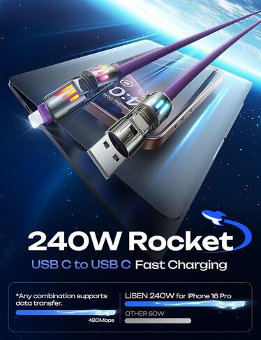 LISEN 240W Chubby Cable, 4 in 1 Charging Cable (6.6FT) with Breathing Light, USB A/C to C/L Multi Charging Cable for iPhone 16 15 Pro Max MacBook, iPad Pro Air, SamSungS24, iPhone 14 13 12, Black in Kuwait