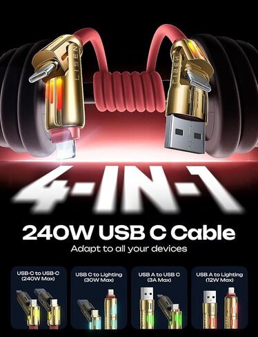 LISEN 240W Chubby Cable, 4 in 1 Charging Cable (6.6FT) with Breathing Light, USB A/C to C/L Multi Charging Cable for iPhone 16 15 Pro Max MacBook, iPad Pro Air, SamSungS24, iPhone 14 13 12, Black in Kuwait