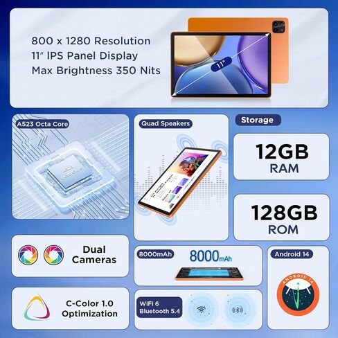 أجهزة لوحية Android 14، معالج ثماني النواة مقاس 10.95 بوصة مع مساحة تخزين 128 جيجابايت، وذاكرة وصول عشوائي 8 جيجابايت، وكابل شحن بطول 6 أقدام، وشحن سريع 10 وات، وبطارية 8000 مللي أمبير في الساعة، ومنفذ Typc-C محدث، ومكبر صوت رباعي، وردي in Saudi Arabia